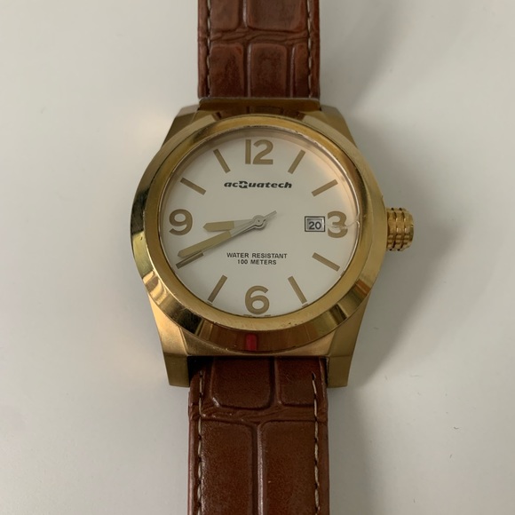 Brown and gold Acquatech watch. Real leather band. - Picture 2 of 4
